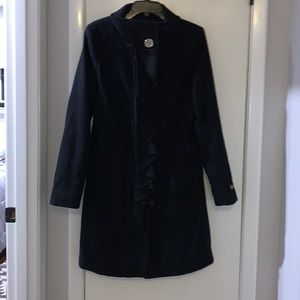 Tahari Long Black 100% Wool Coat w Ruffle Trim